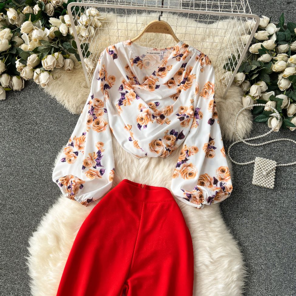 Two Piece Lantern Sleeves Blouse Floral High Waist Pants