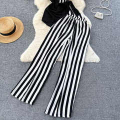 Two Piece Round Neck Top Vertical Stripe High Waist Pants