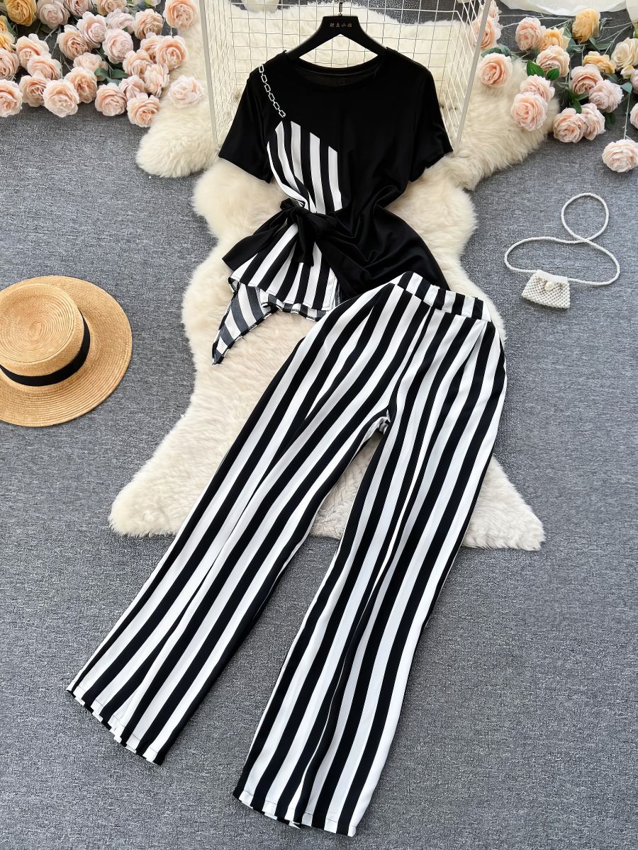 Two Piece Round Neck Top Vertical Stripe High Waist Pants