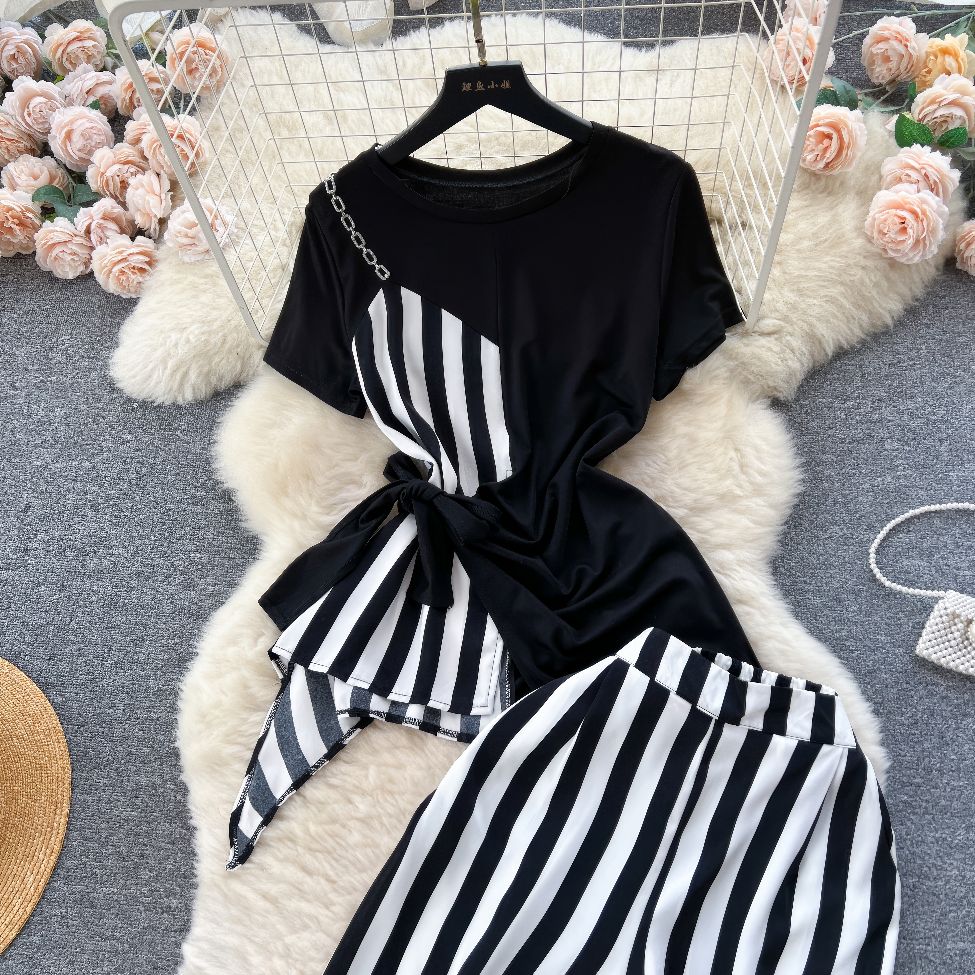 Two Piece Round Neck Top Vertical Stripe High Waist Pants