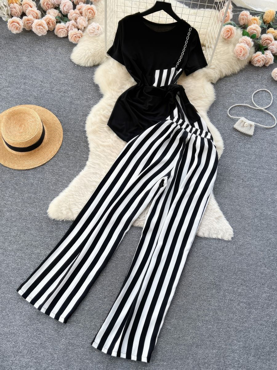 Two Piece Round Neck Top Vertical Stripe High Waist Pants