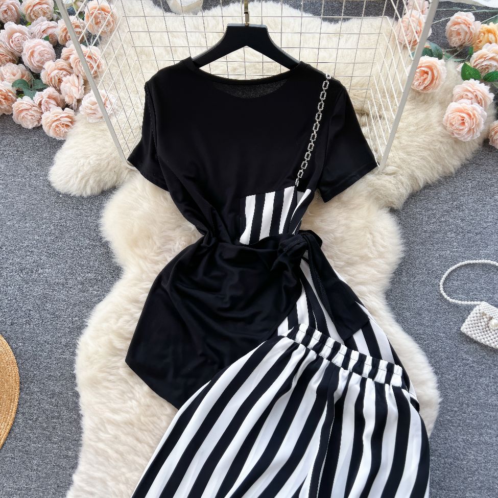 Two Piece Round Neck Top Vertical Stripe High Waist Pants