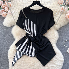 Two Piece Round Neck Top Vertical Stripe High Waist Pants