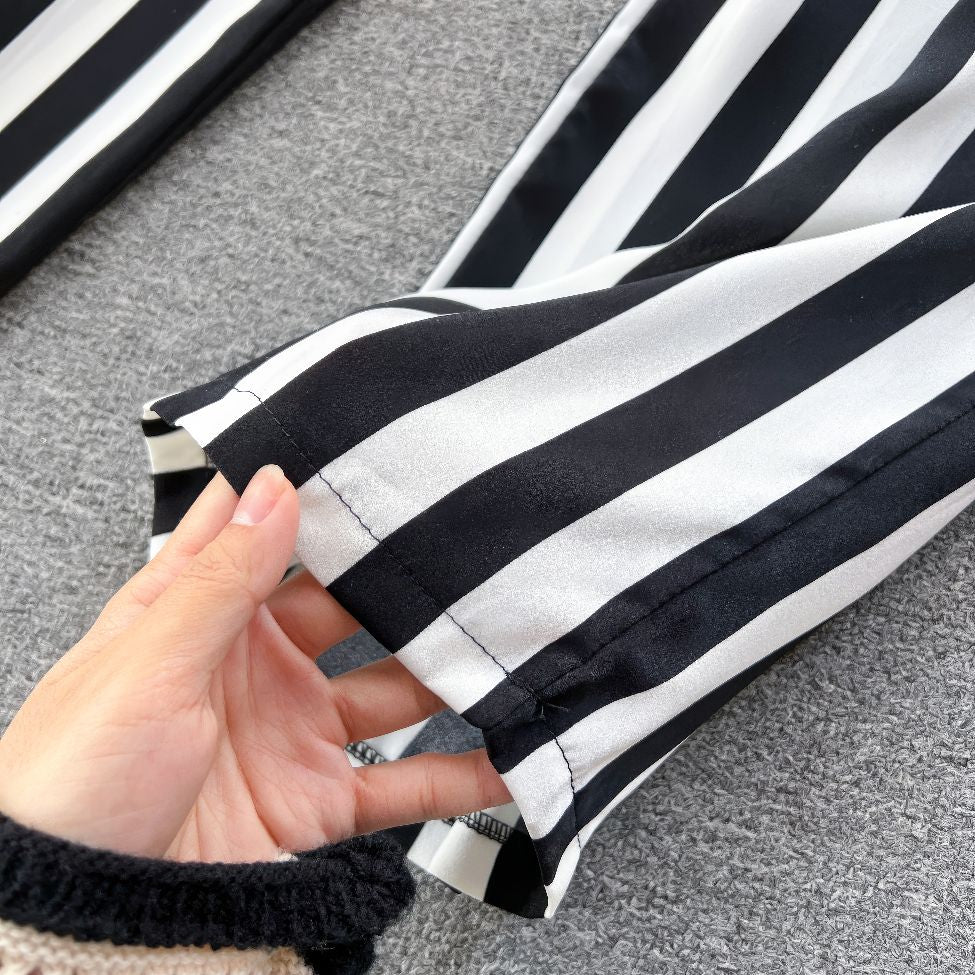 Two Piece Round Neck Top Vertical Stripe High Waist Pants