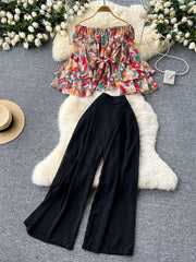 Two Piece Set Floral Layered Flare Sleeves Solid High Waist Pants