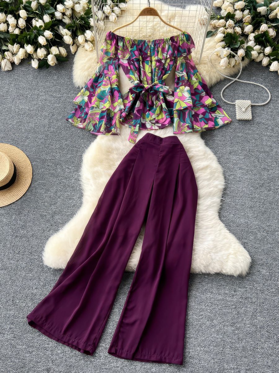 Two Piece Set Floral Layered Flare Sleeves Solid High Waist Pants