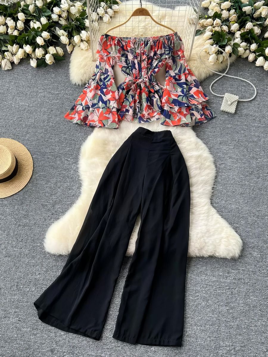 Two Piece Set Floral Layered Flare Sleeves Solid High Waist Pants