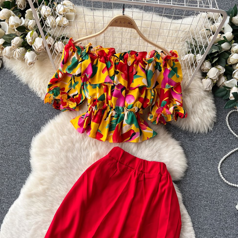 Two Piece Set Floral Ruffled High Waist Pants