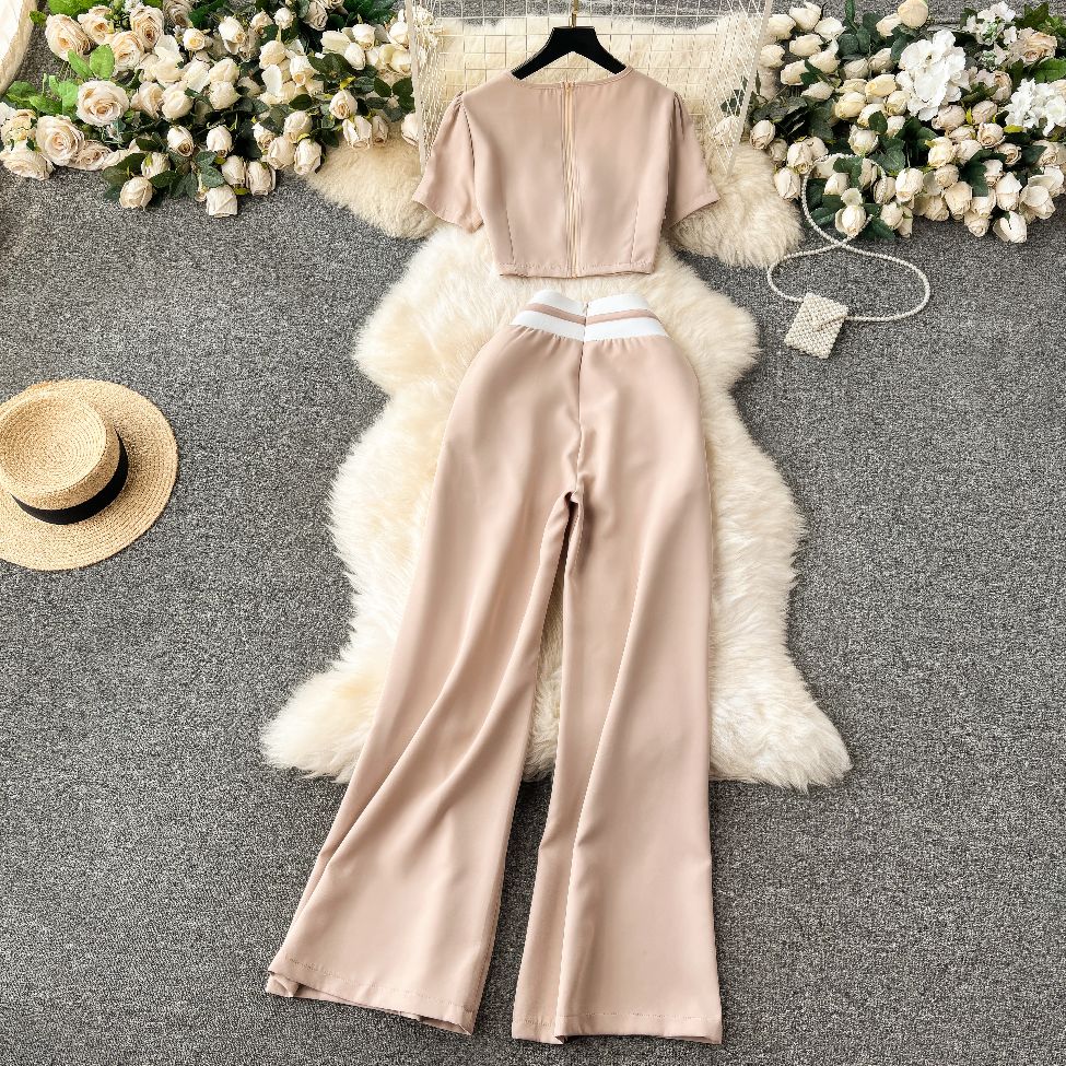 Two Piece Set Short Sleeves Blouse High Waist Drawstring Pants