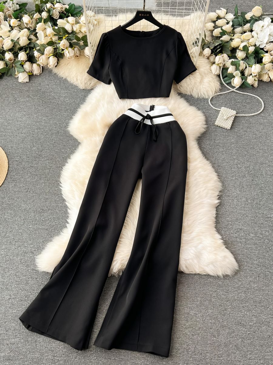 Two Piece Set Short Sleeves Blouse High Waist Drawstring Pants