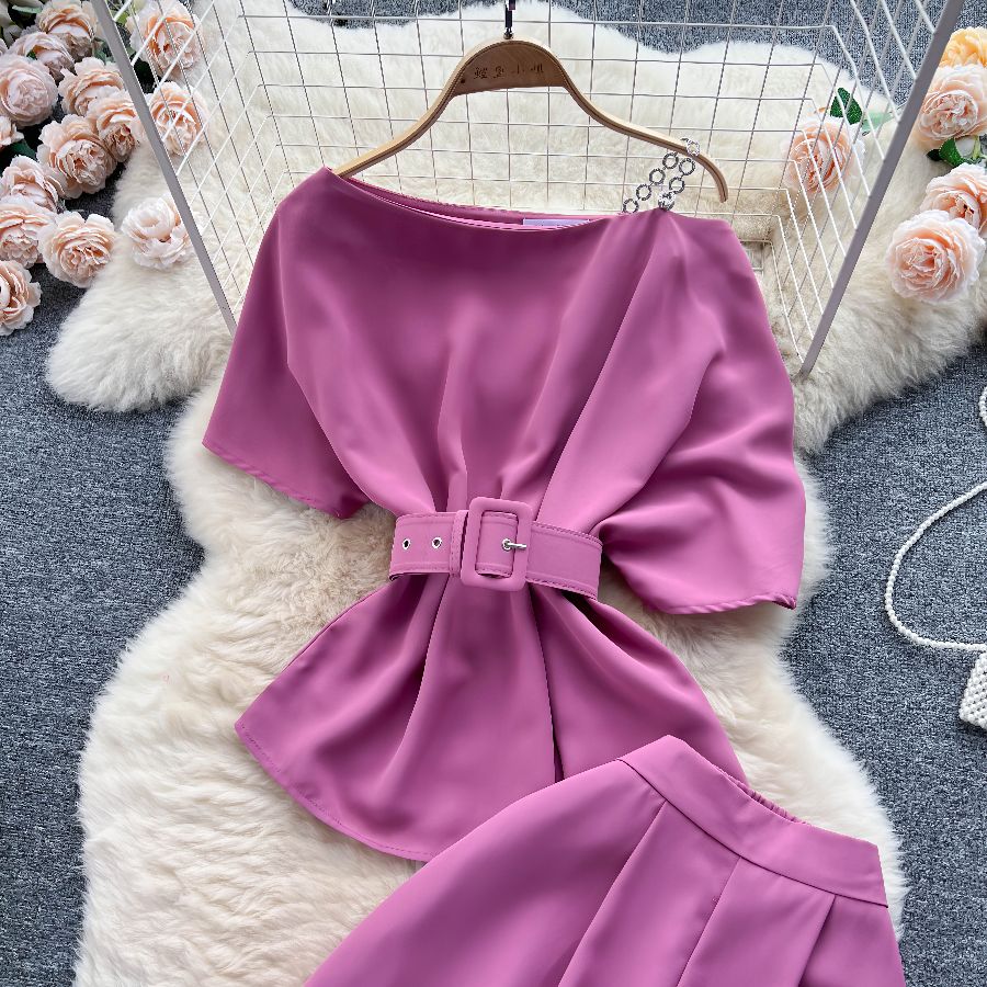 Two Piece Sets Round Neck Belt Top High Waist Suit Pants