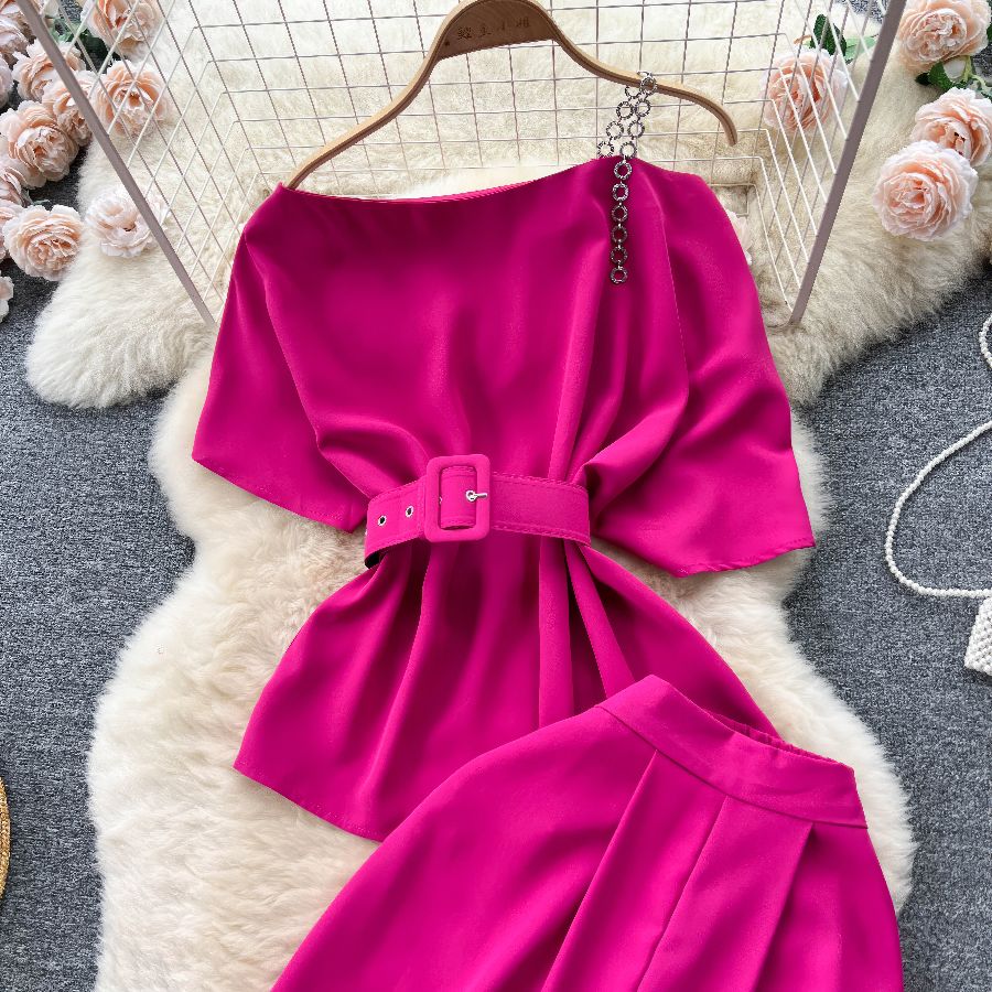 Two Piece Sets Round Neck Belt Top High Waist Suit Pants