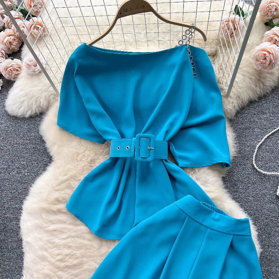 Two Piece Sets Round Neck Belt Top High Waist Suit Pants