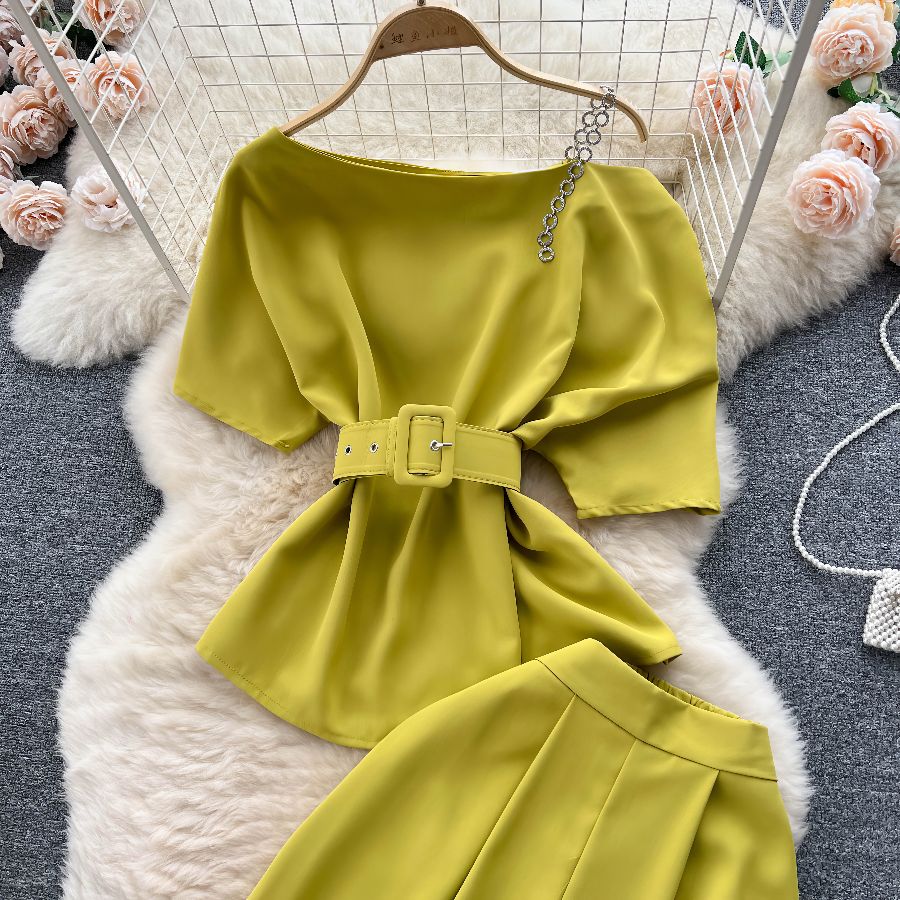 Two Piece Sets Round Neck Belt Top High Waist Suit Pants