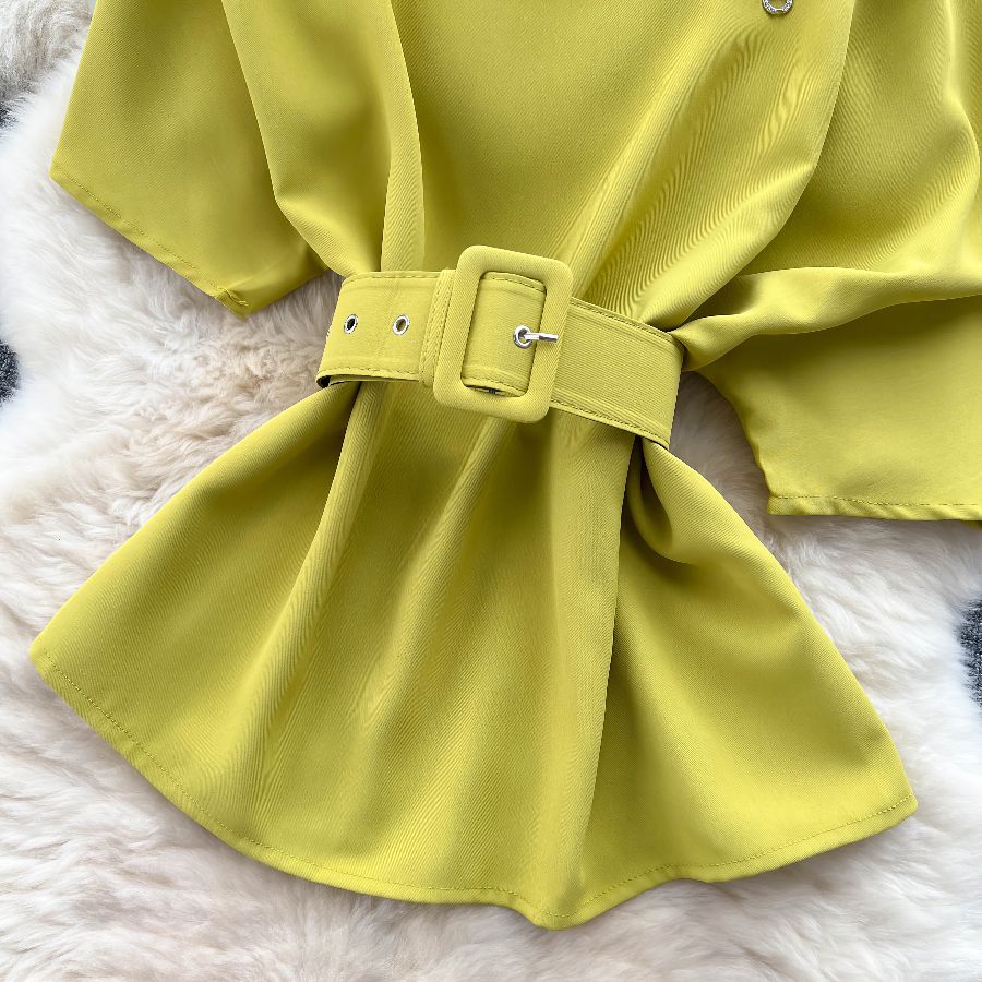 Two Piece Sets Round Neck Belt Top High Waist Suit Pants