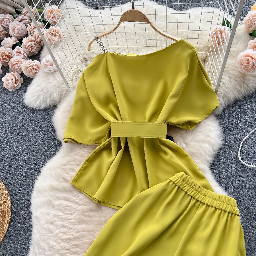 Two Piece Sets Round Neck Belt Top High Waist Suit Pants