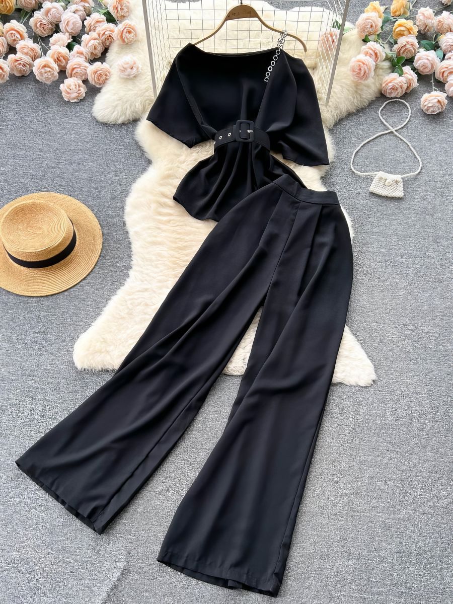 Two Piece Sets Round Neck Belt Top High Waist Suit Pants