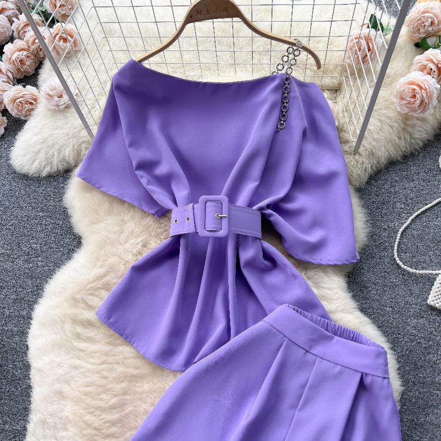 Two Piece Sets Round Neck Belt Top High Waist Suit Pants