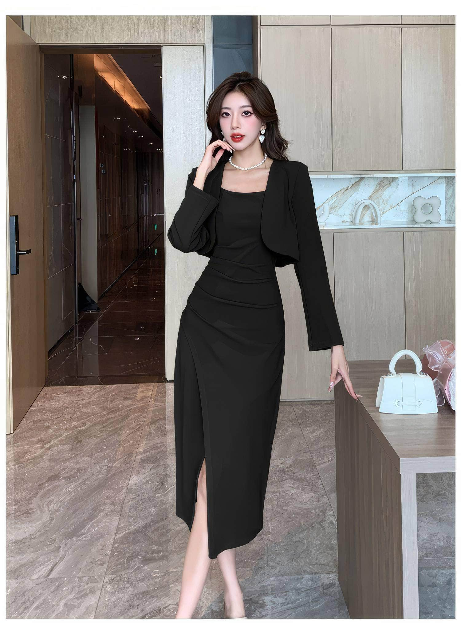 Two-Piece Short Jacket Front Slit Dress