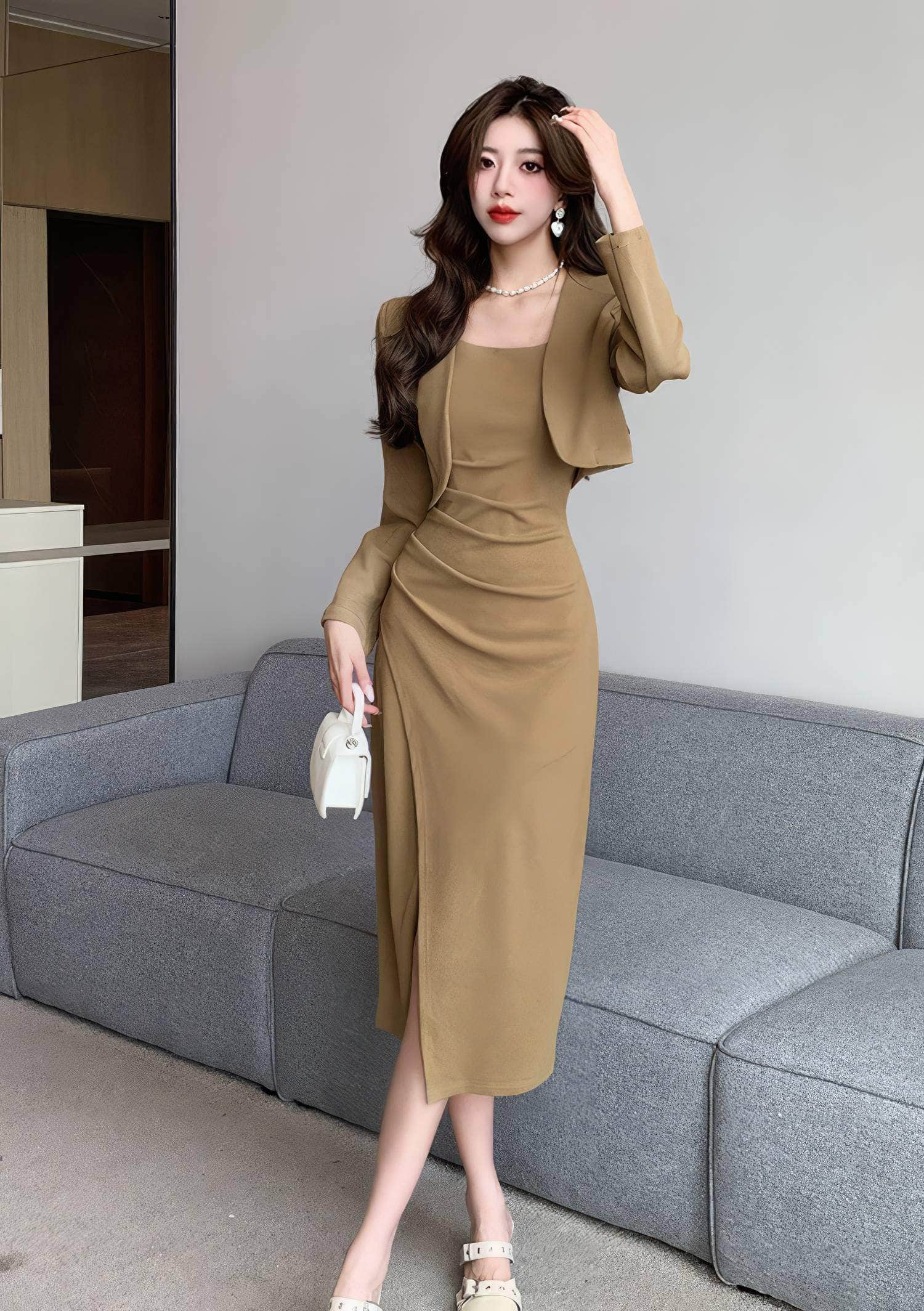 Two-Piece Short Jacket Front Slit Dress