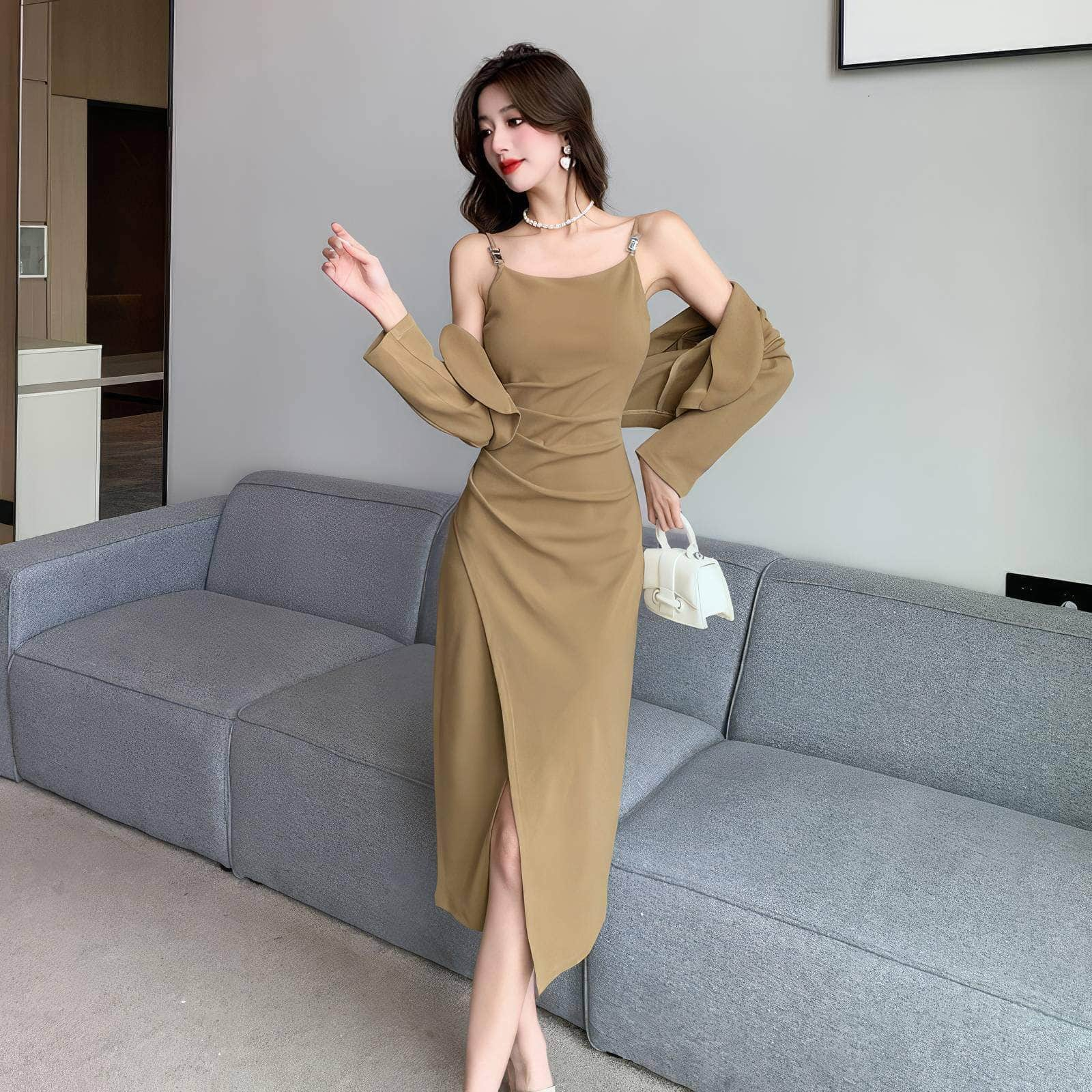 Two-Piece Short Jacket Front Slit Dress