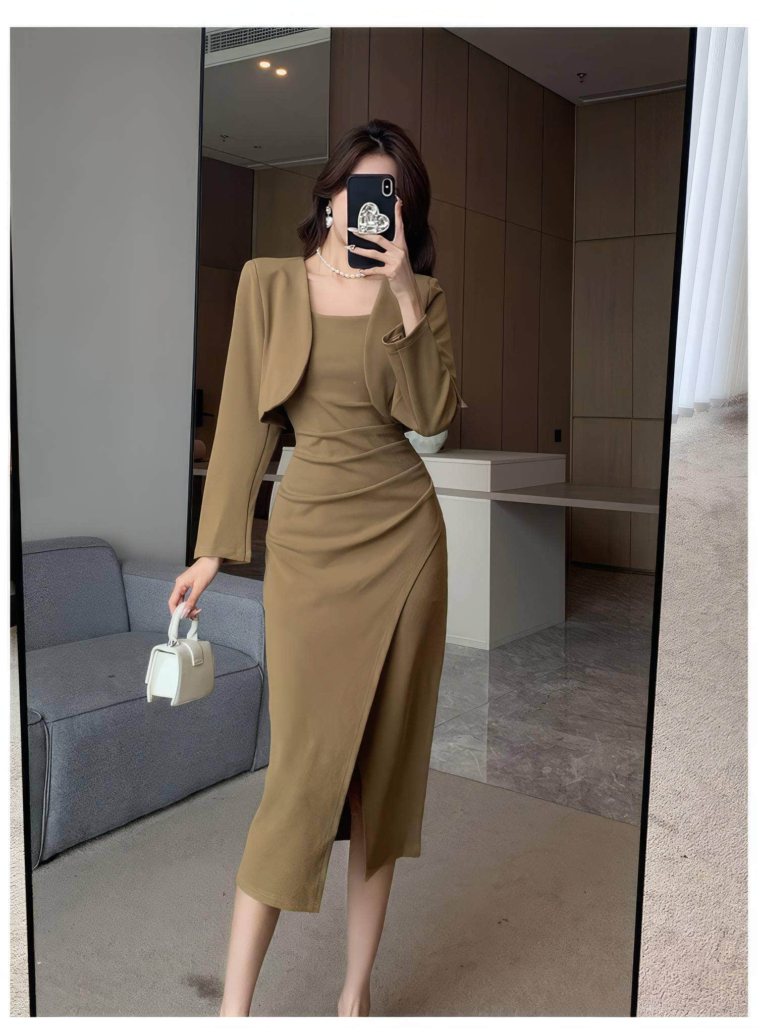 Two-Piece Short Jacket Front Slit Dress