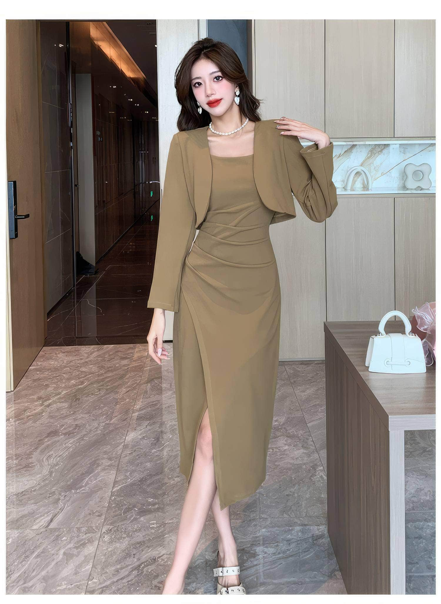 Two-Piece Short Jacket Front Slit Dress