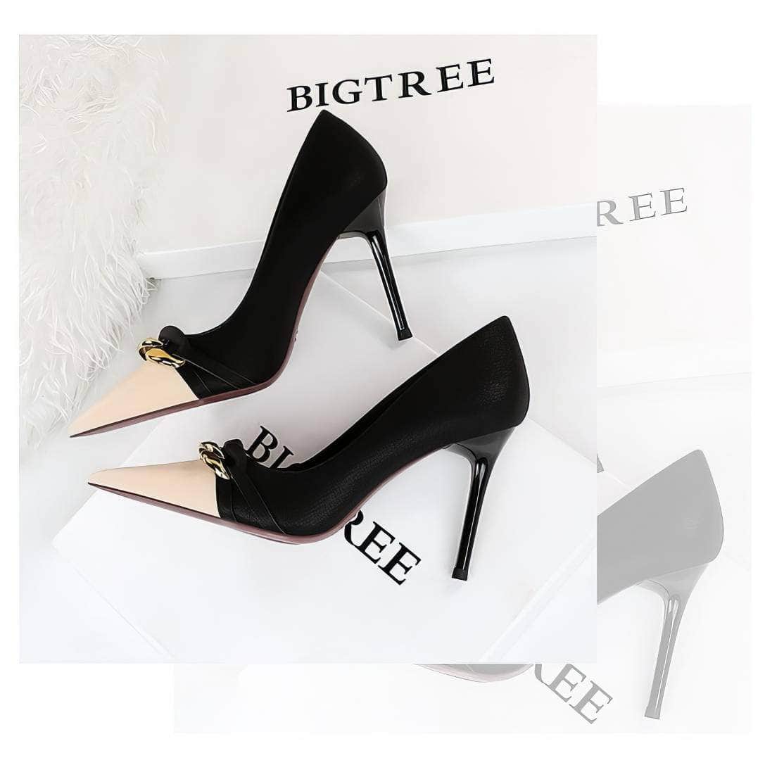 Two Toned Metal Chain Detailed Court Heels