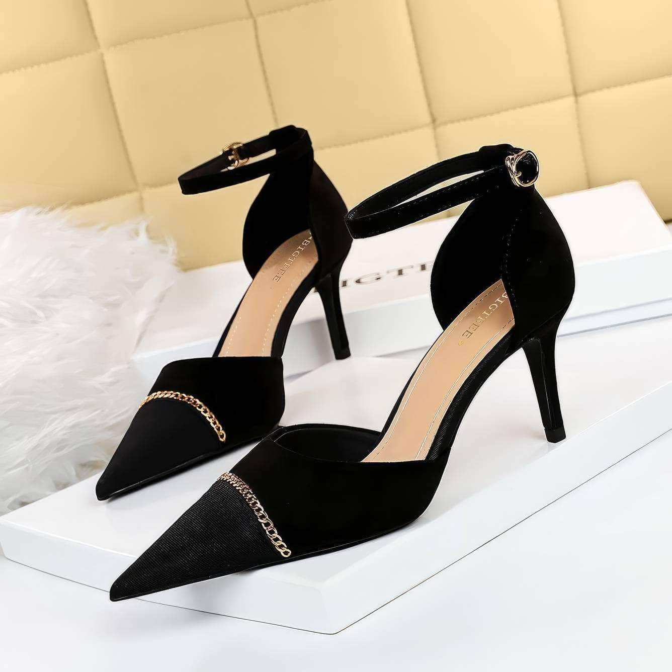 Two Toned Pointy Toes Chain Suede Stilettos