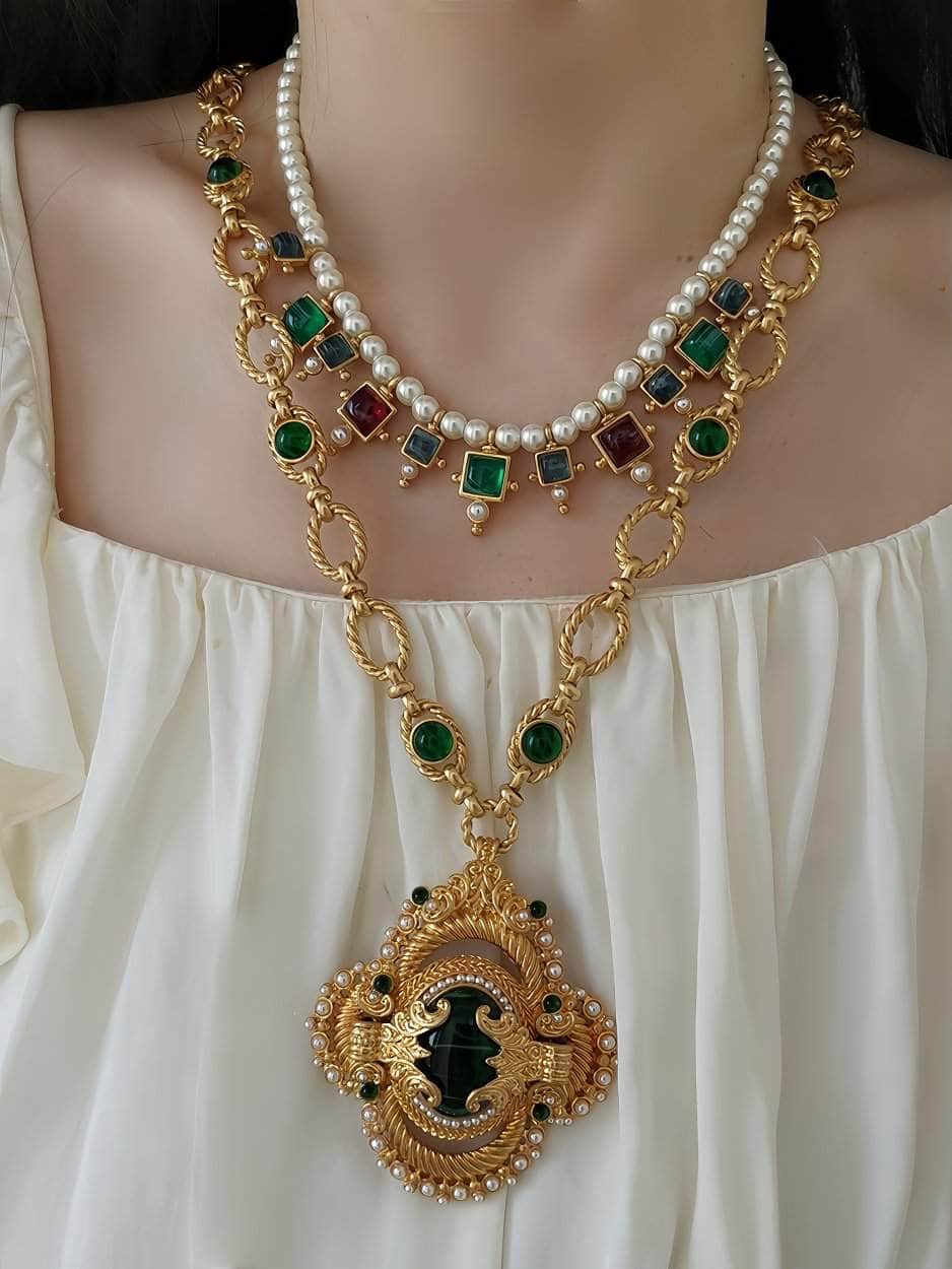 Victorian Pendant Link Chain Gemstone Statement Necklace