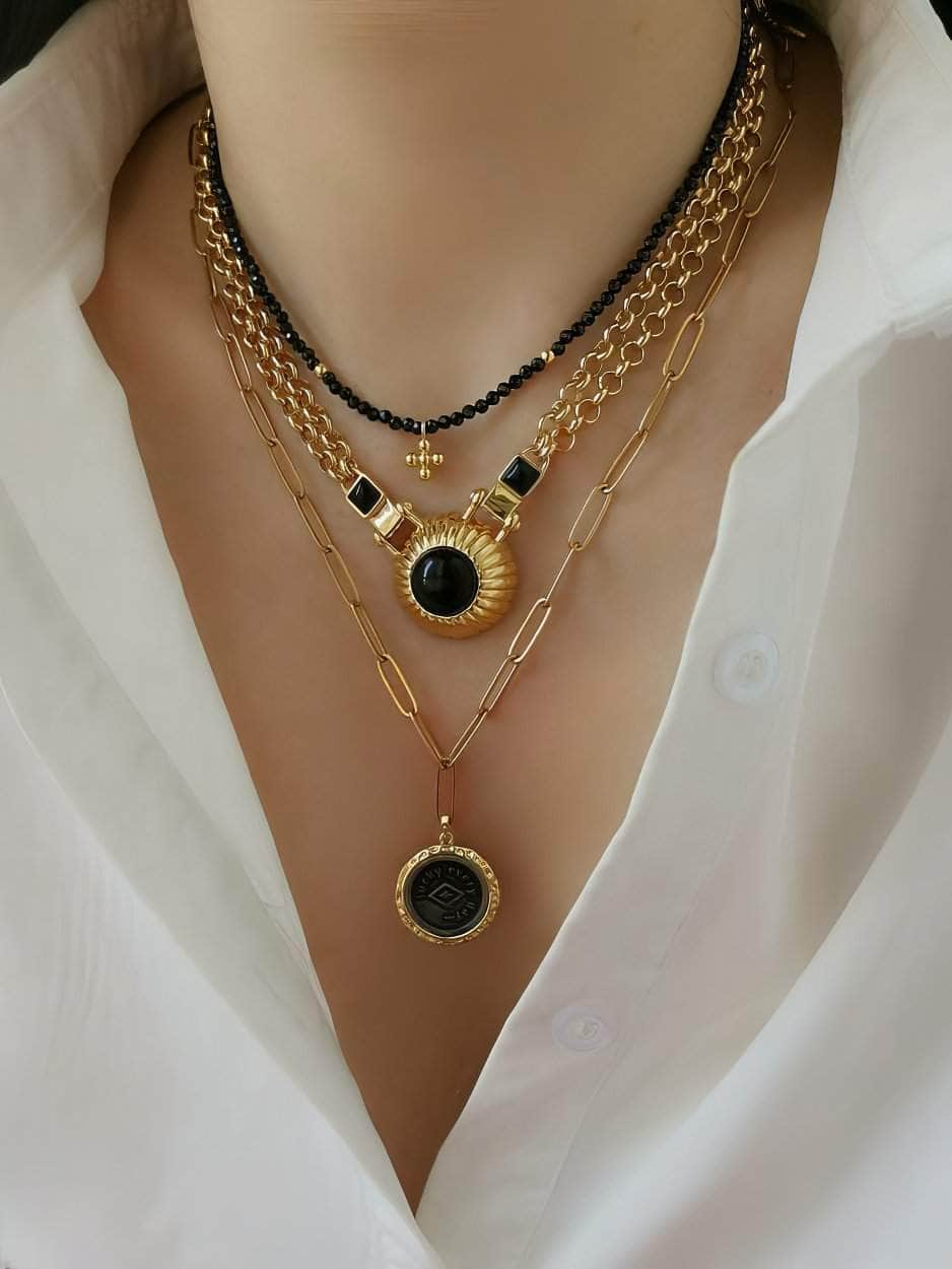 Vintage Black Agate Double Layer Pendant Jewlery Set