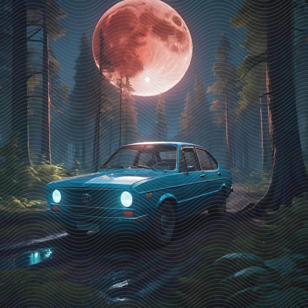 A Car Parked and A Large Moon