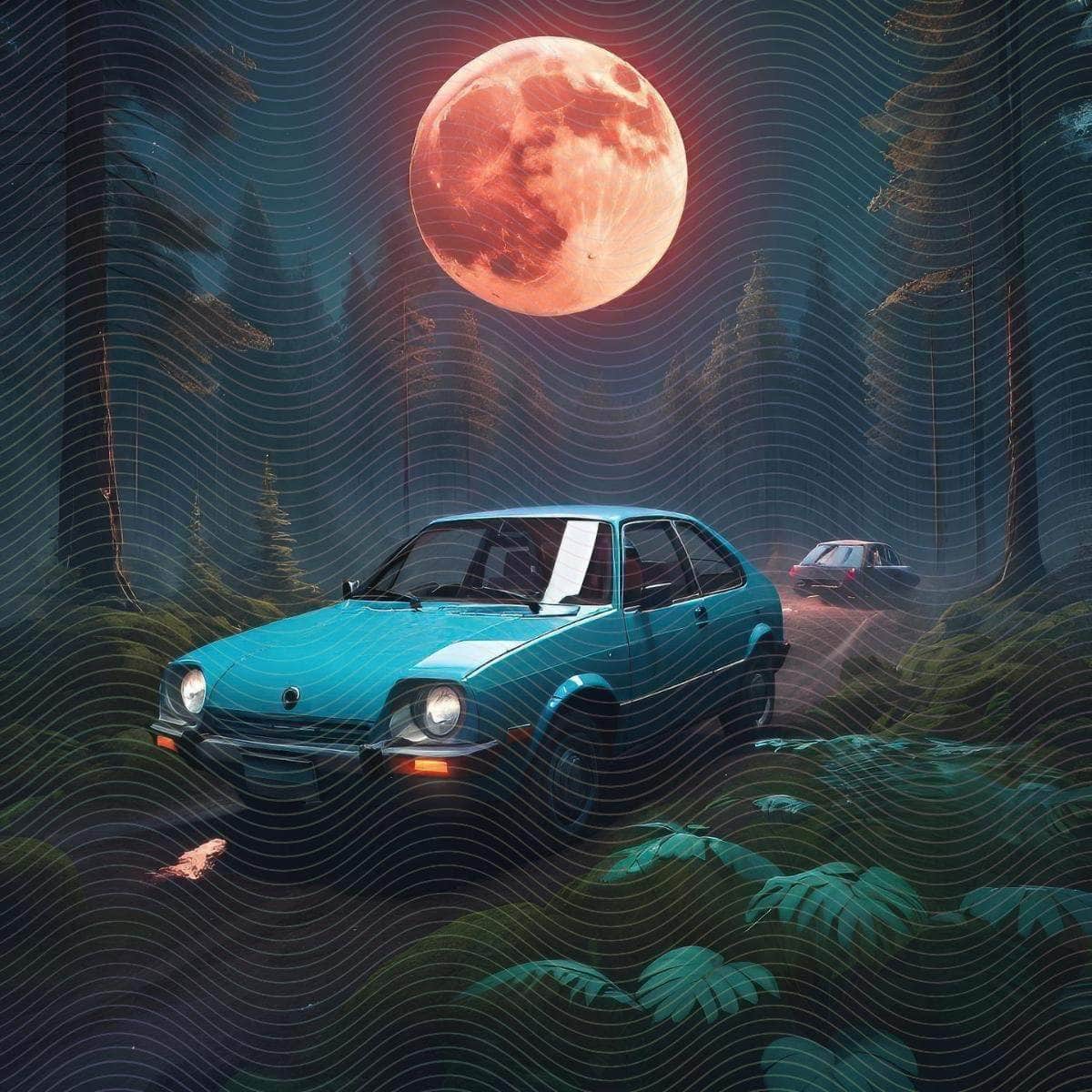 A Car Parked and A Large Moon
