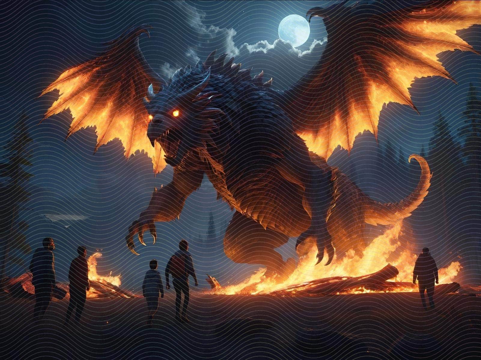 A Colossal Winged Beast Glistening in Fire Light