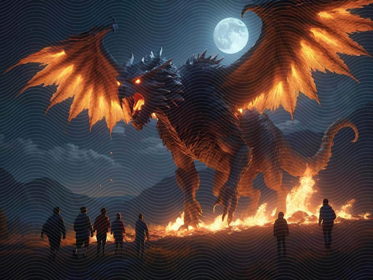 A Colossal Winged Beast Glistening in Fire Light