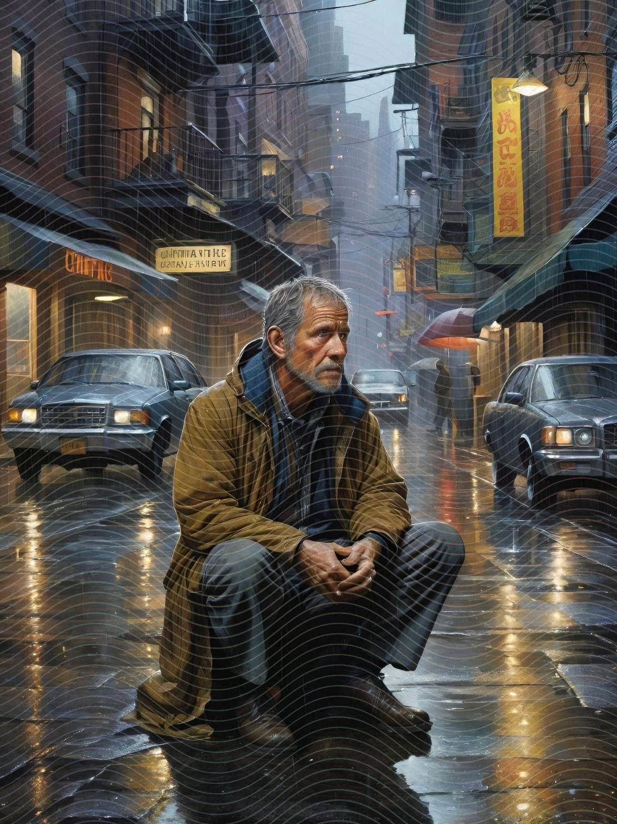 A Detailed Scene of A Man Sitting on the Ground in the Rain