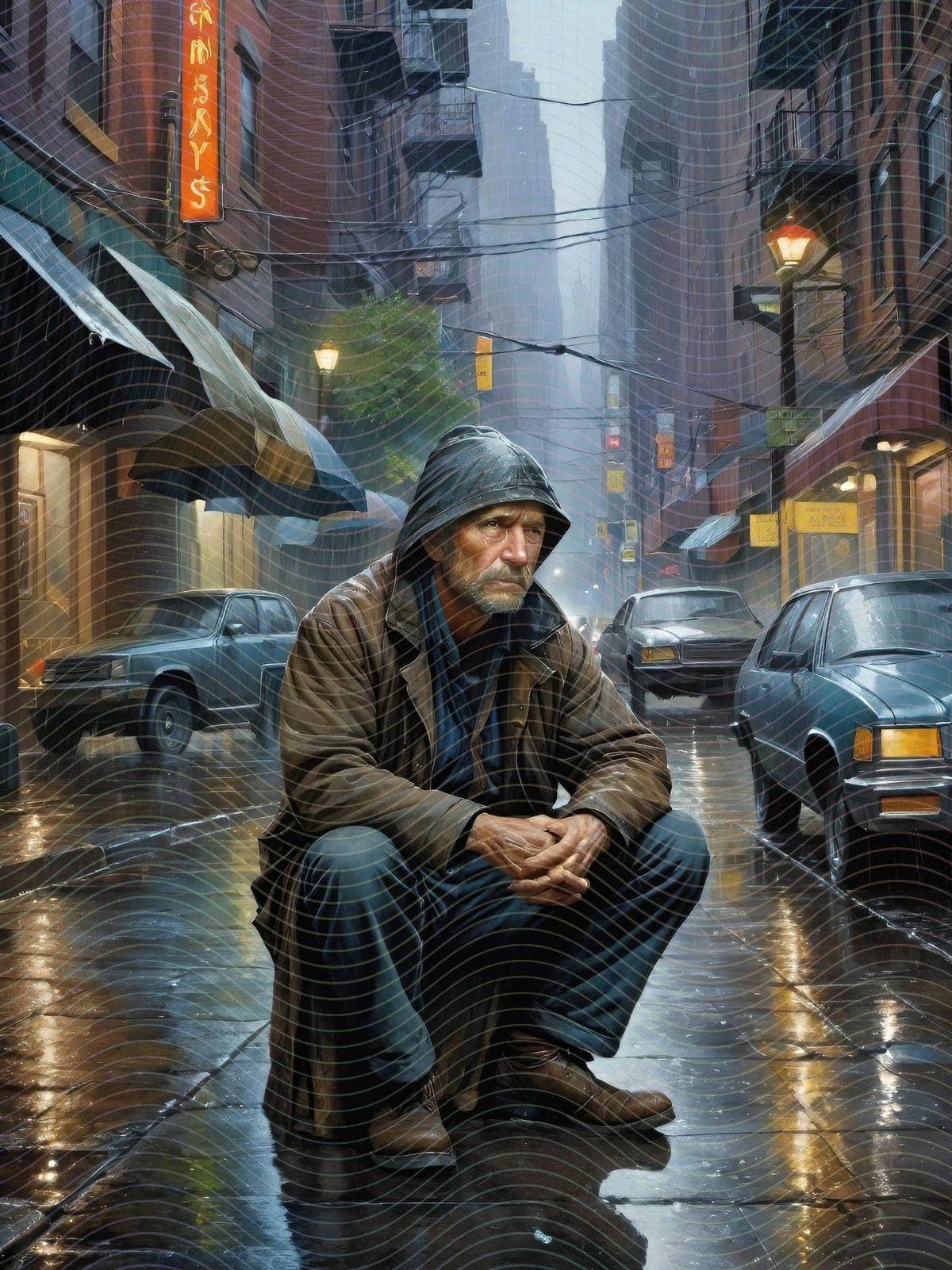 A Detailed Scene of A Man Sitting on the Ground in the Rain