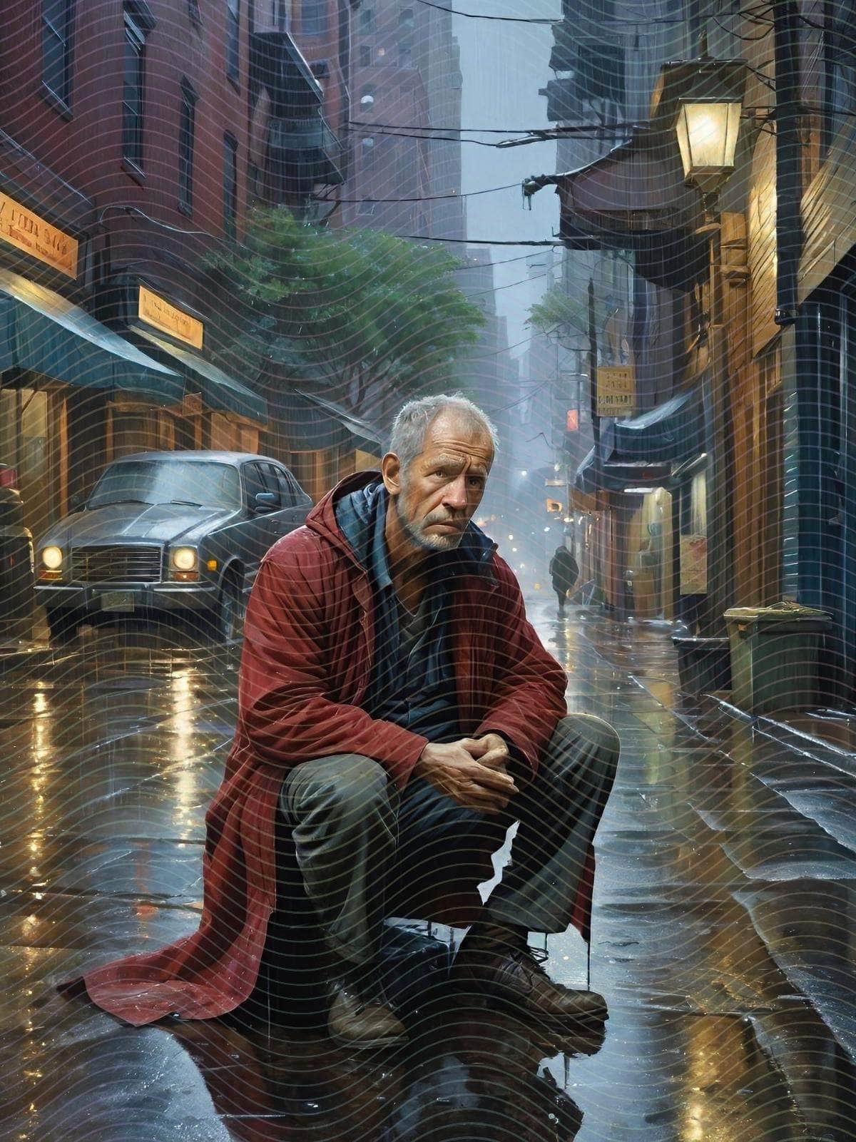 A Detailed Scene of A Man Sitting on the Ground in the Rain