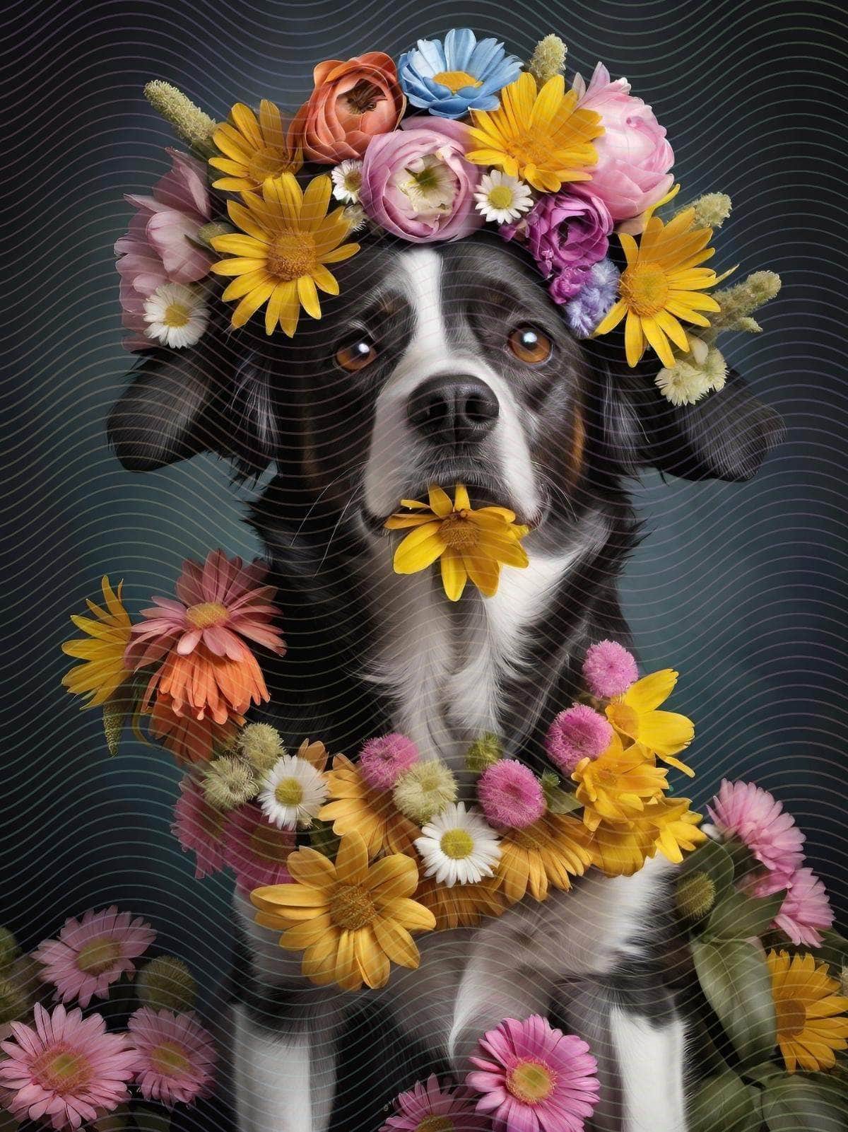 A Dog with a Bunch of Flowers On its Head