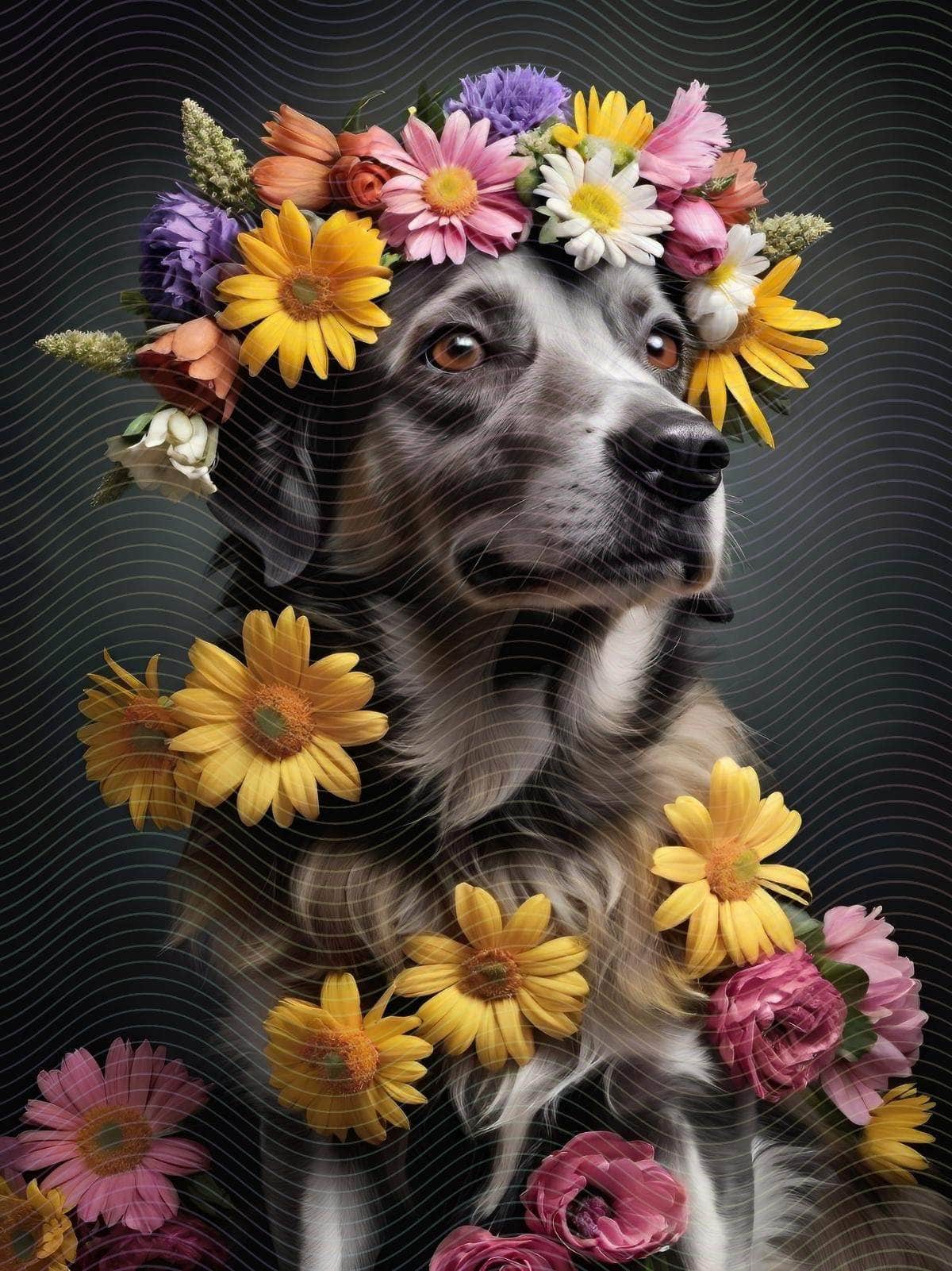 A Dog with a Bunch of Flowers On its Head