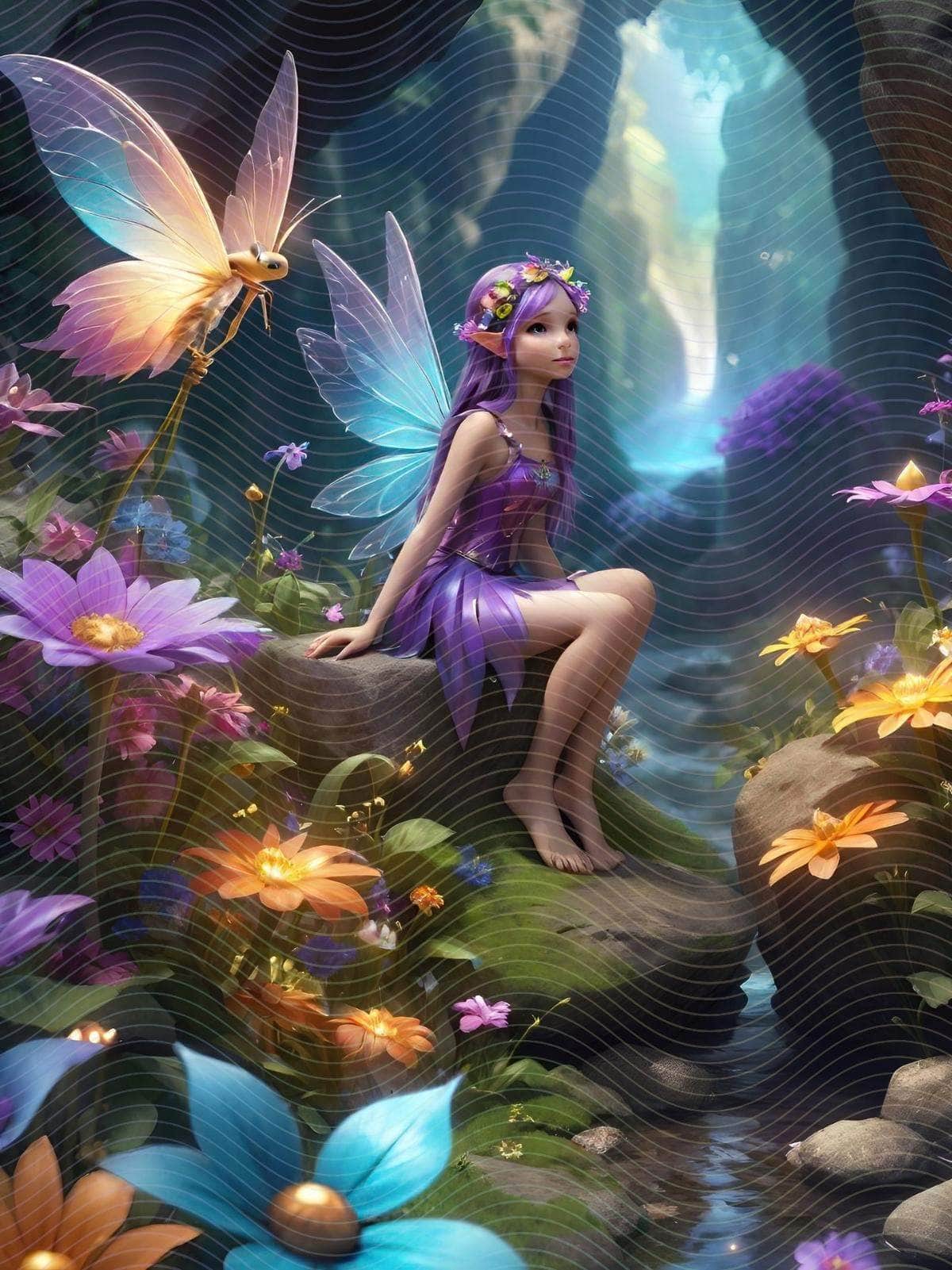 A Fairy Sitting on a Rock Surrounded by Flowers