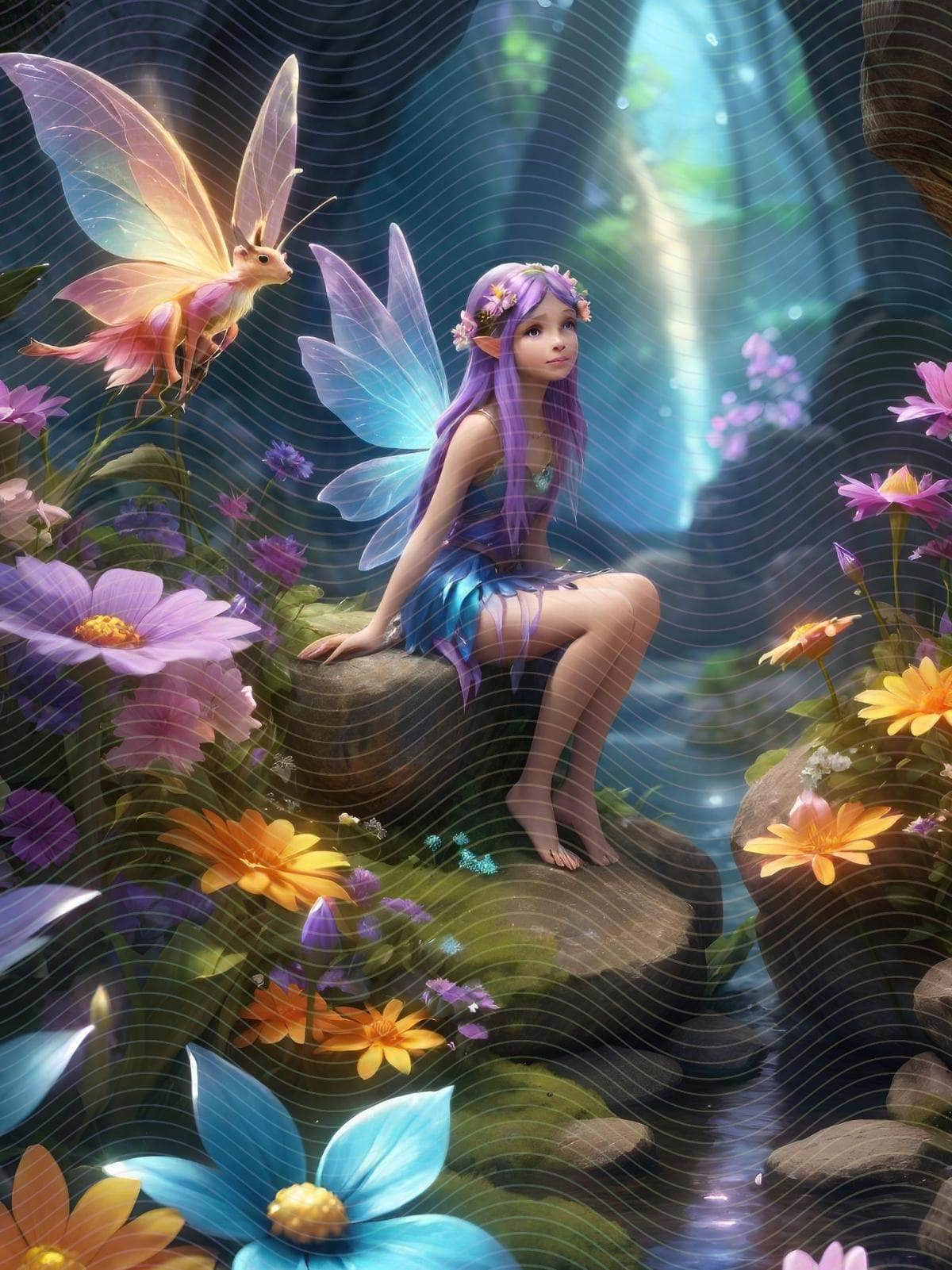 A Fairy Sitting on a Rock Surrounded by Flowers