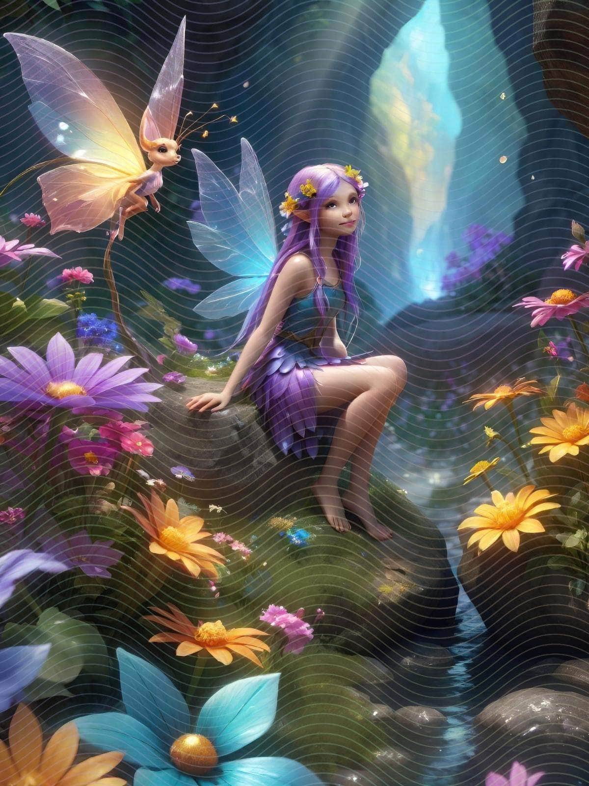 A Fairy Sitting on a Rock Surrounded by Flowers