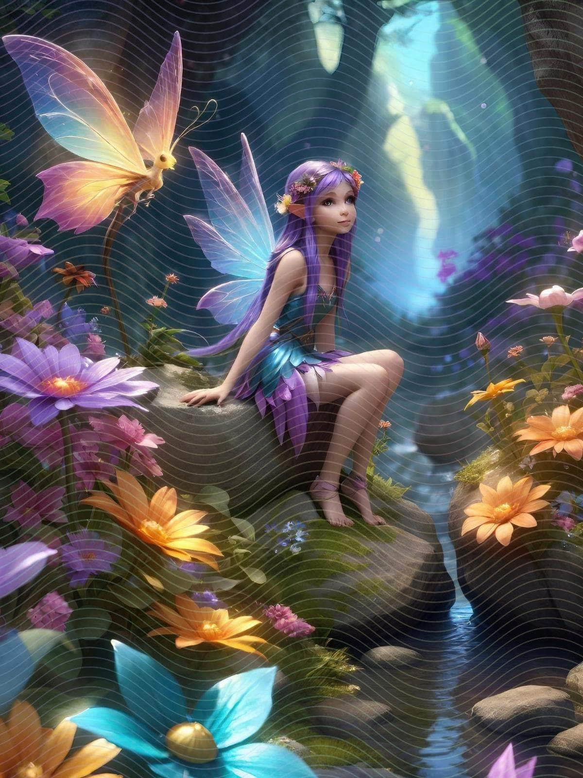 A Fairy Sitting on a Rock Surrounded by Flowers