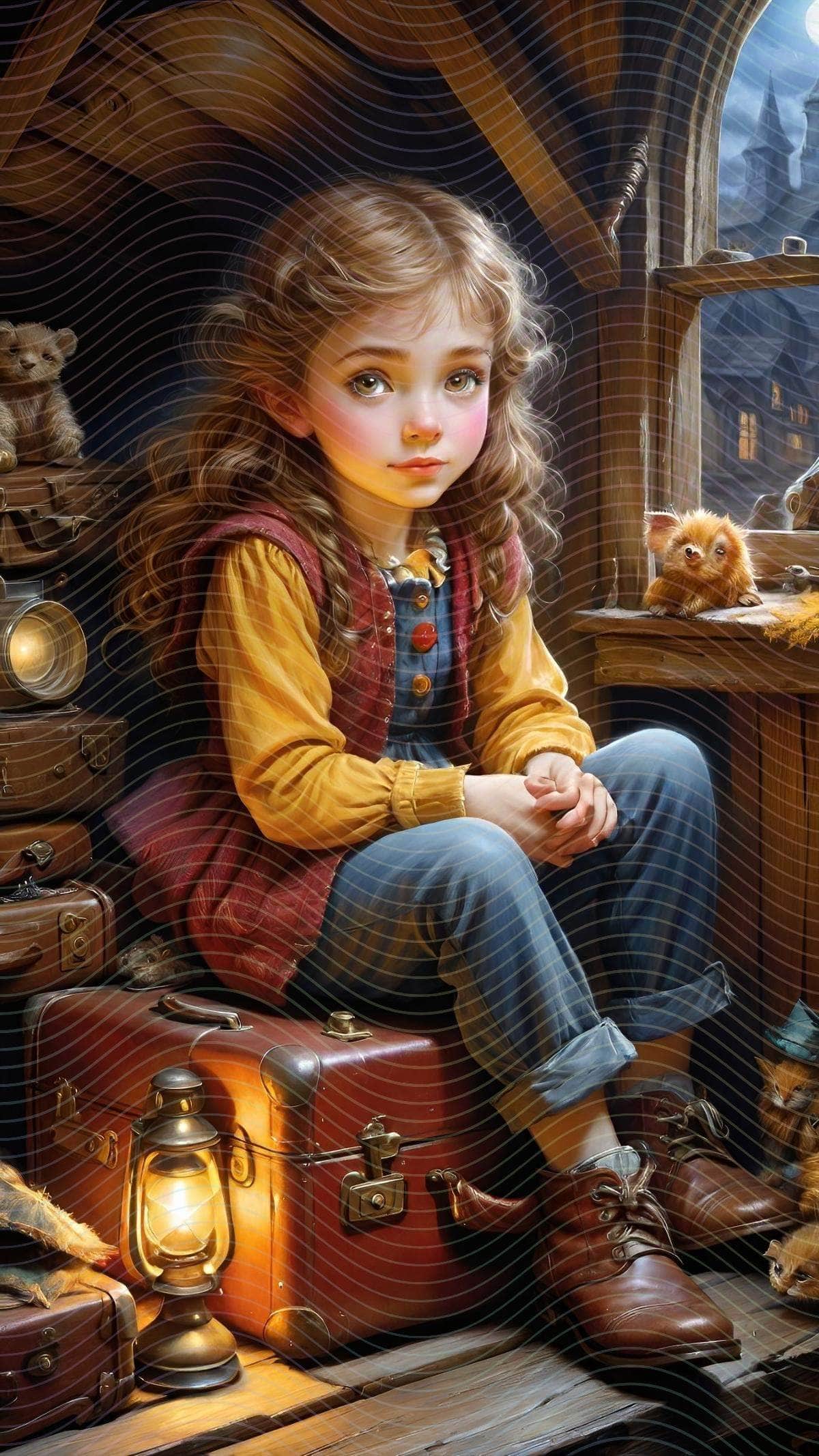 A Girl on an Old Suitcase in an Attic