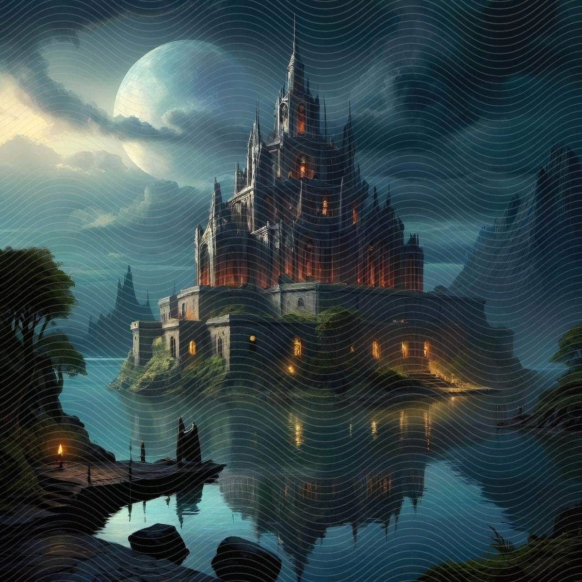 A Lit Fantasy Castle Surrounded By Water