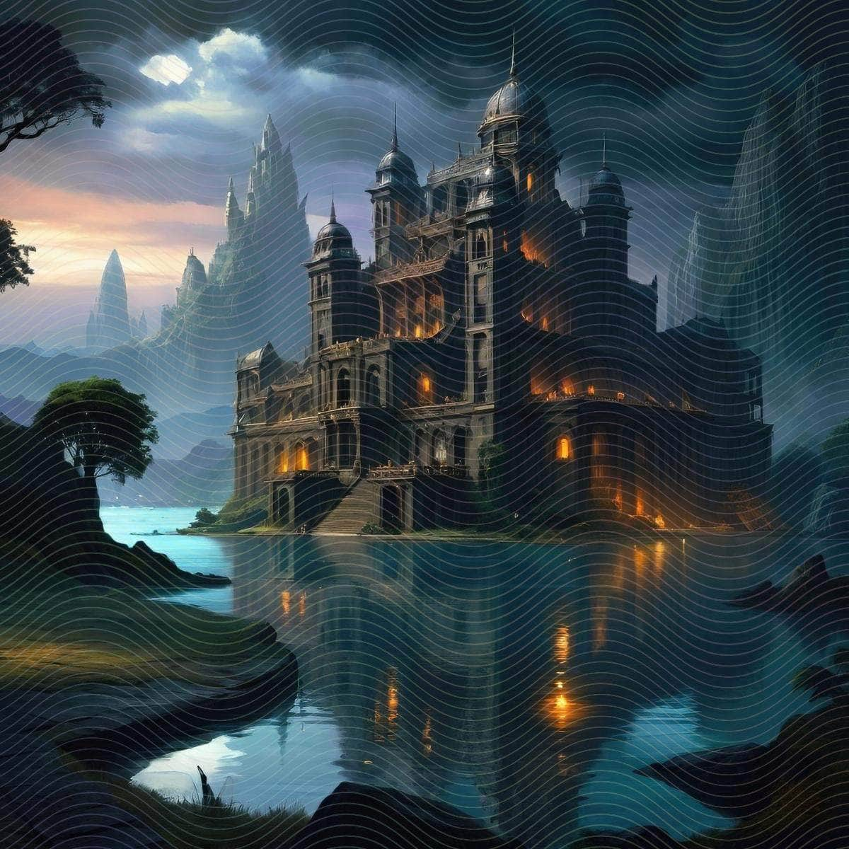 A Lit Fantasy Castle Surrounded By Water