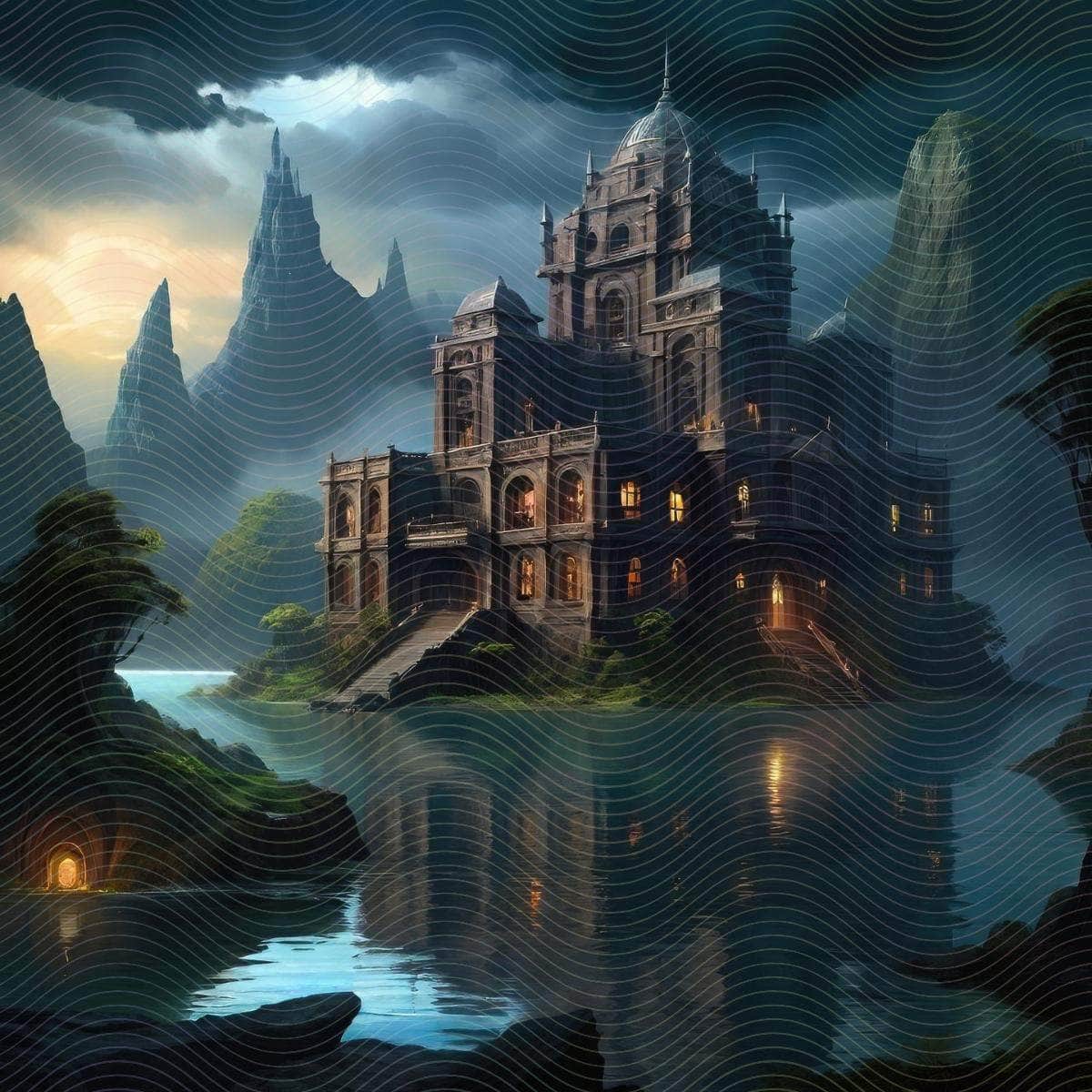 A Lit Fantasy Castle Surrounded By Water