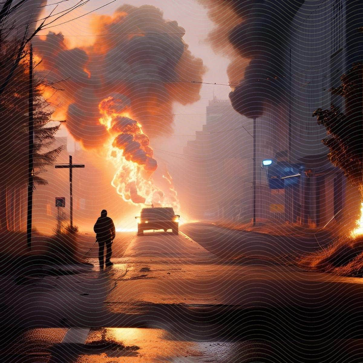 A Man on a Street and a Burning Car