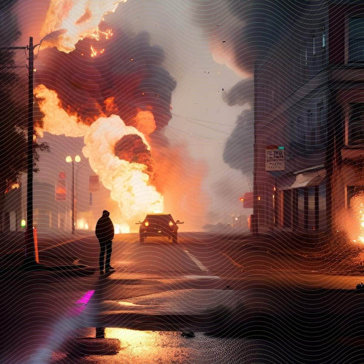 A Man on a Street and a Burning Car